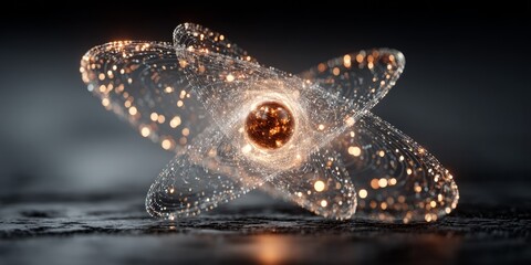 Fototapeta premium Glowing atom with dynamic orbiting particles and bright trails in a futuristic scientific visualization