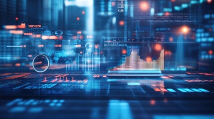 Futuristic digital interface with data visualizations.