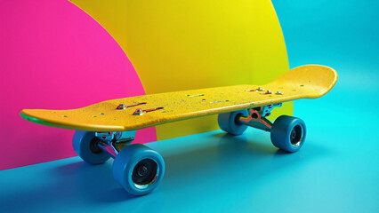 Vibrant yellow skateboard on neon gradient background with motion blur for extreme sports ads, social media, and youth brand promotions    keywords:   skateboard, surfing, extreme, sports, action, 