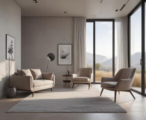 Fototapeta premium Minimalist bedroom, expansive view, sitting area with armchair, large, quiet, house