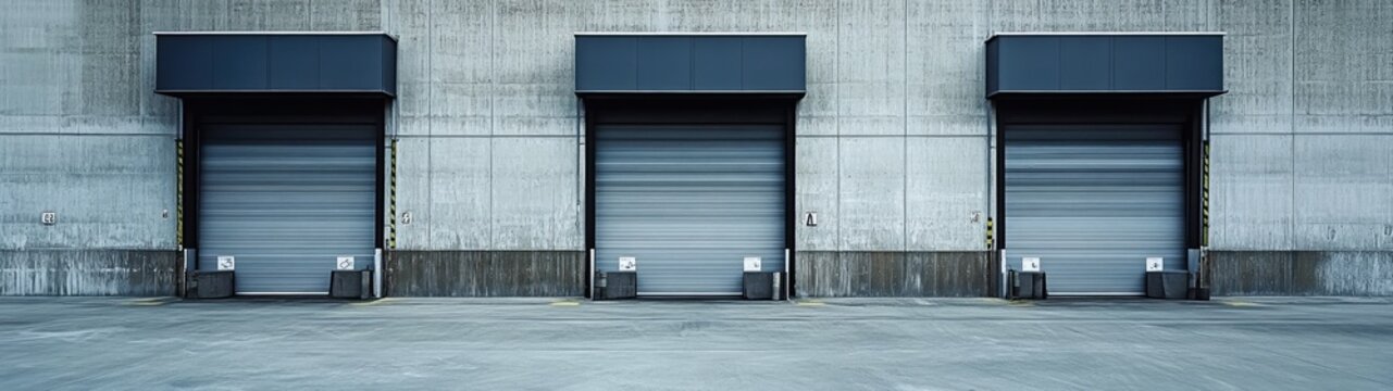Three closed loading docks on a concrete building exterior.