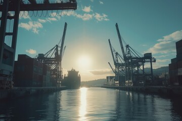 Fototapeta premium Container terminal operations at sunset highlighting industrial activity and cargo logistics