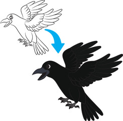 Cute Crow Cartoon Outline and Coloring Illustration Isolated on White Background