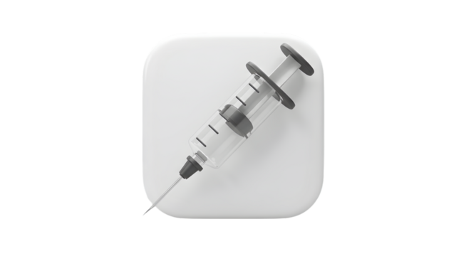 A sterile syringe symbol embodies medical precision poised on a stark white rounded icon on transparent background