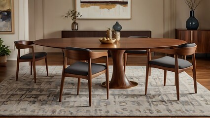 Modern Dining Table – Contemporary Wooden Table with Chairs, Elegant Home Interior, Minimalist Furniture Design for Kitchen or Dining Room, Natural Light Setting