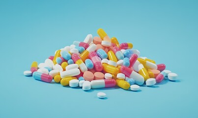 Pile of colorful pills and capsules on a blue background with copy space