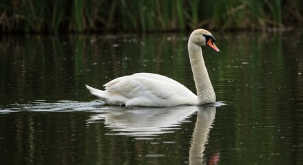 Obraz premium Elegant Swan Gliding Serenely Across a Tranquil Lake in Natural Habitat