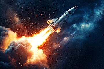 Fototapeta premium Rocket launching into a clear blue sky with billowing clouds during daytime