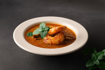 Fresh aromatic hot Thai soup Tom Yum with mushrooms, shrimps and different spices on black stone background close up. Tasty food concept.