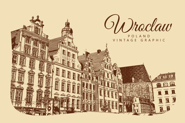 City ancient architecture, Wroclaw, Poland. Vintage brown and beige graphics, engraved, vector. Old retro design.