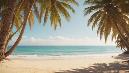 Fototapeta premium Sun-drenched palm trees arch over pristine sandy beach; vintage film grain , palm trees, beach scene, sandy