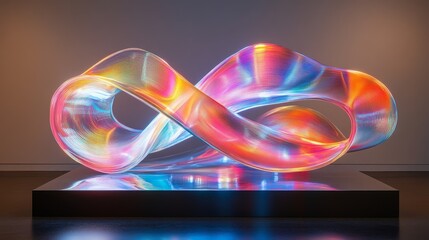 Intricate, luminous, abstract sculpture on a modern pedestal.