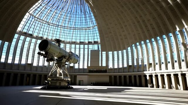 Large telescope inside a building with a domed roof and windows letting in sunlight, illuminating the observatory equipment.