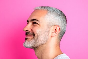 Obraz premium Idea of style for aging men. Pink solid background. A glowing man radiating happiness and confidence. Trendy men's buzz cut haircut - midlife arabian man with short hair.