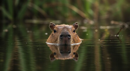 Captivating Close-Up of a Capybara Swimming Serenely in Calm Waters