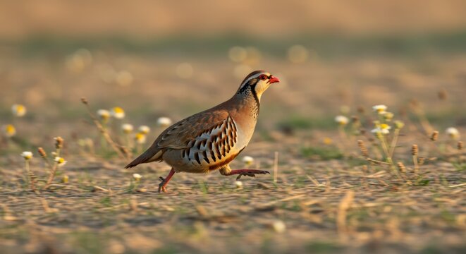 Red-Legged Partridge in Motion, A Vibrant Bird Running Through Field