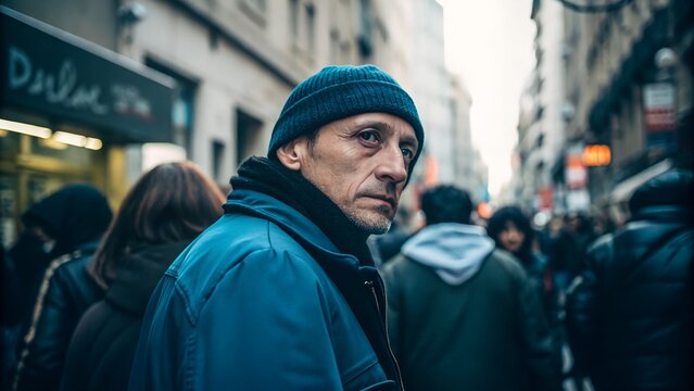 Man looking back while walking in crowded city street during winter  