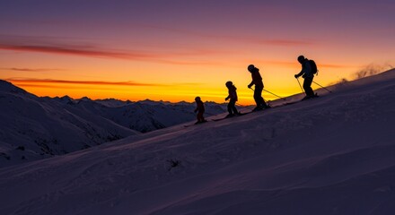 Silhouette of a family skiing down a snowy mountain slope at vibrant sunset