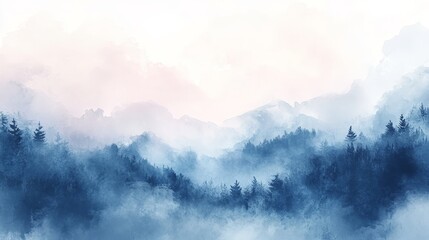 Misty mountain landscape painted in soft blues and pinks.