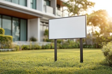 Blank sign in front of a modern house on a green lawn.