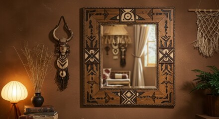 Elegant ethnic styled mirror in a cozy living room ambiance, capturing decorative elements and reflections for a warm, inviting space