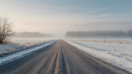 Obraz premium A foggy winter road extends through a snowy landscape towards the horizon in a serene atmosphere