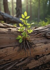 Obraz premium Tiny sapling sprouts from decaying log, sunlight dappled , macro, brown