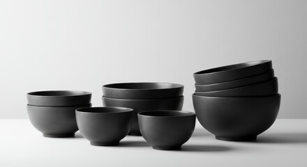 Elegant Arrangement of Matte Black Bowls for Modern Tableware Collection