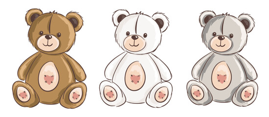 Cute cartoon teddy bear set in brown, white and grey colors. Vector illustration