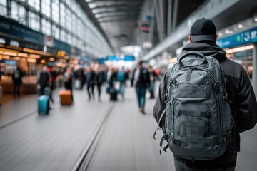Fototapeta premium Individual with a gray backpack stands in a busy airport terminal, surrounded by travelers and luggage, capturing the essence of modern travel and exploration