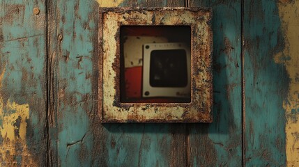 Rusty metal frame on weathered wood, showing aged electrical components.