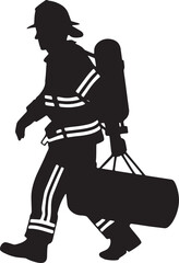 Silhouette of a Firefighter Carrying Gear on a Bright Day with White Background