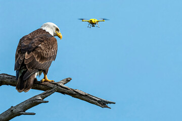 An eagle sits on a branch, watching a yellow drone.