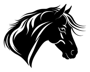 side profile horse head vector silhouette with expressive eyes and detailed mane perfect for equestrian branding, animal care logos, and wildlife illustrations