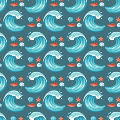 Seamless pattern with big waves, shells and starfish on dark green background. Cartoon design for packaging and textile use