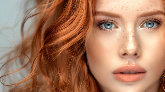 Close up portrait of a woman with red hair blue eyes and freckles looking at the camera directly