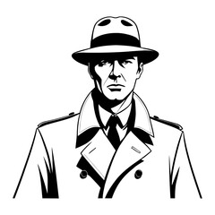mysterious half body detective portrait silhouette with classic hat and trench coat detailed facial profile perfect for noir crime and mystery themes