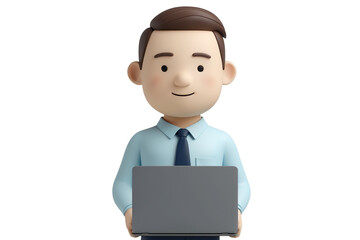 Friendly 3d cartoon businessman holding laptop