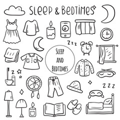 A set of doodle elements for sleep, rest time, comfort at night. Hand drawn sketch style.