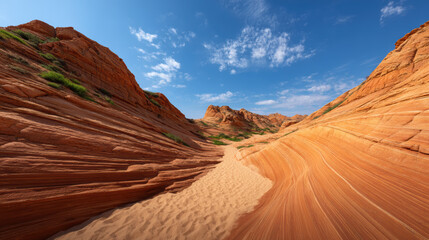 Breathtaking panoramic view of vibrant red sandstone formations sculpted by time, creating a stunning desert landscape under a clear blue sky with white clouds.