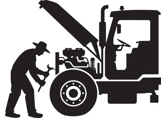 Black Silhouette of a Farmer Repairing a Large Truck on a White Background
