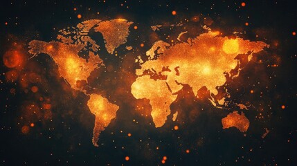 Fiery world map, outlined in warm, glowing light.