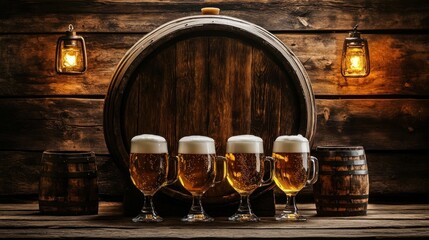Rustic alehouse ambiance featuring a wooden barrel and beer glasses on table