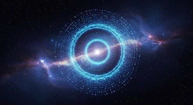 Futuristic time vortex made of binary code spirals, symbolizing digital time, data streams, and temporal flow in a high-tech abstract sci-fi visualization