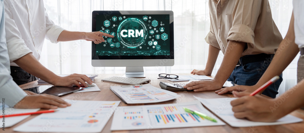 Poster Customer relationship management system on brisk computer for CRM business and enterprise