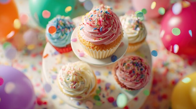 Colorful Cupcakes With Sprinkles and Balloons, Representing Celebration, Joy, and Sweet Indulgence for a Festive Occasion : Generative AI