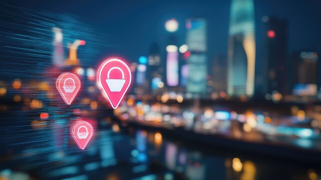 Digital shopping locations displayed over a city at night. - Powered by Adobe