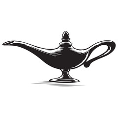 Magic lamp line art silhouette vector illustration, Arabic oil lamp, old brass oil lamp on a white background