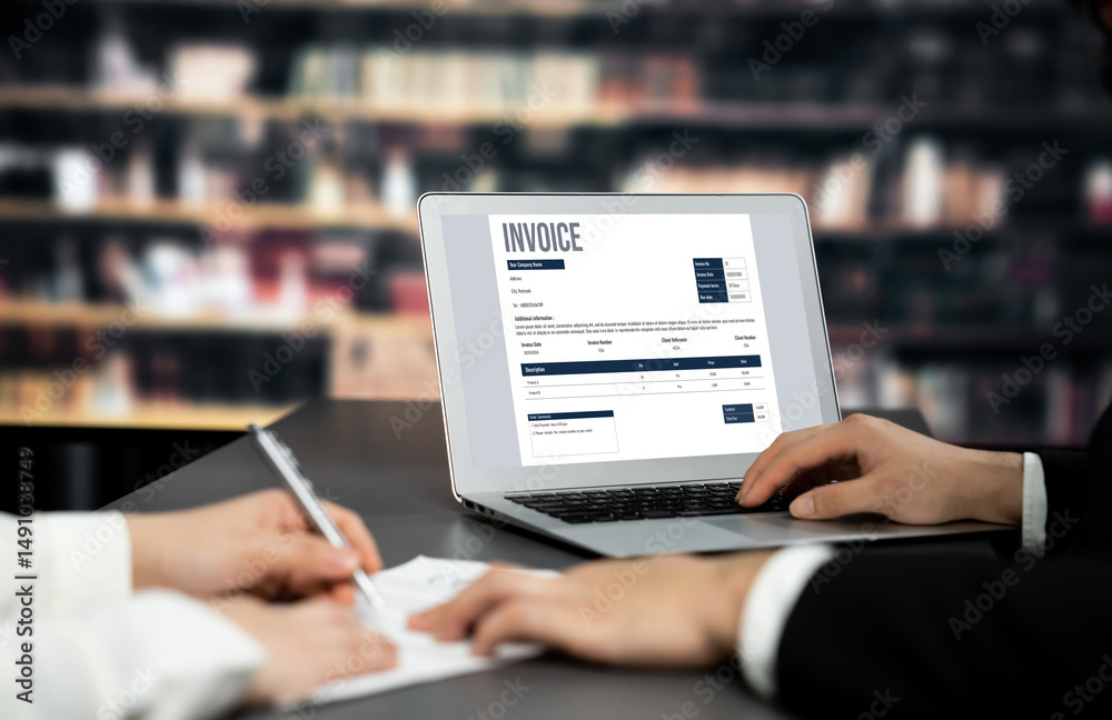 Poster invoice on computer screen from accounting application. computer program for financial and budget of