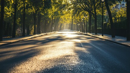 Sun-Drenched Avenue: A Pathway Lined with Trees and Cast Shadows